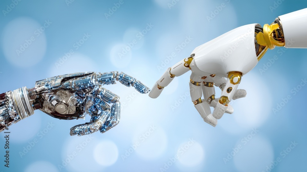 Poster on a large data network, a human hand and a robot hand meet, embodying the revolutionary intersectio
