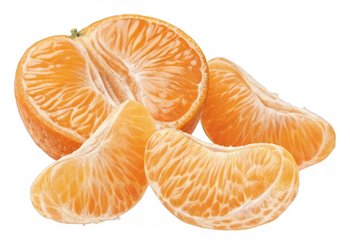 Peeled orange segments isolated on a transparent background.