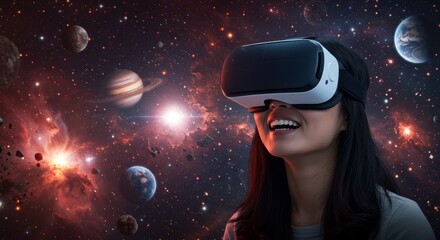 A smiling woman wearing virtual reality glasses is immersed in a digital world filled with space landscapes with planets, stars and nebulae, experiencing the excitement of a virtual journey.
