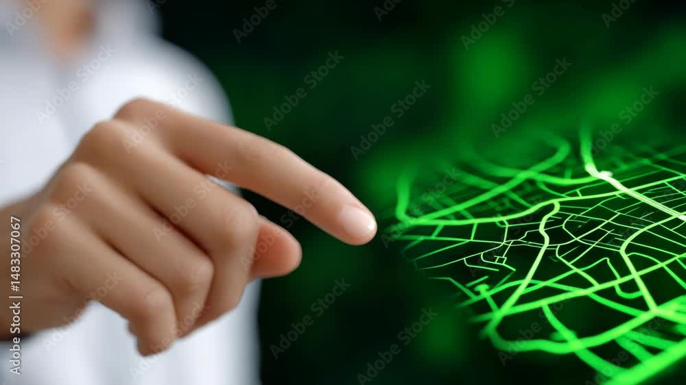 Aufkleber close-up of a hand touching a glowing green digital mesh interface symbolizing innovation and techno