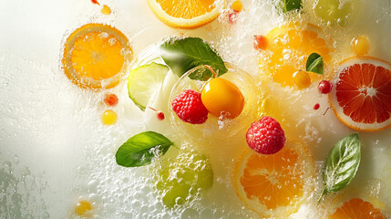 Citrus fruits and herbs frozen in clear ice