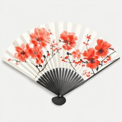 Red cherry blossoms painted on paper are showcased in a traditional Asian culture design on a hand fan