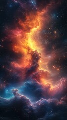 Naklejka premium Colorful cosmic nebula swirling in space at the heart of a distant galaxy showcasing vibrant stars and gas clouds