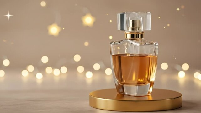 Perfume bottle on golden stand with bokeh lights