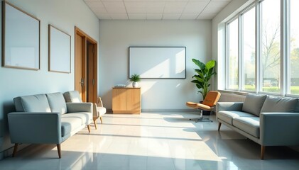 Clean, modern doctor's office waiting area with comfortable seating and natural light ,  medical facility,  healthcare facility