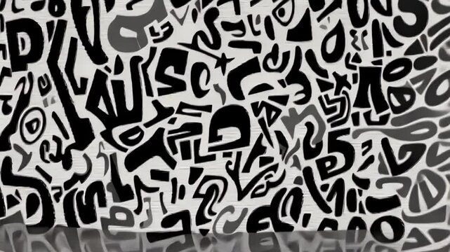 abstract black and white graffiti pattern with various shapes and lines in monochrome style
