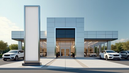 Modern car dealership building with glass exterior and signage  