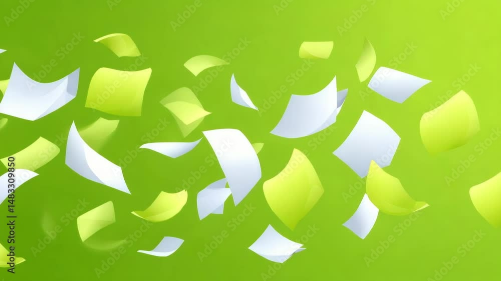 Poster dynamic movement of colorful papers floating against a vibrant green background