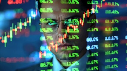 Man with glasses analyzing stock market charts and financial data on glowing digital screens in modern trading environment - Powered by Adobe