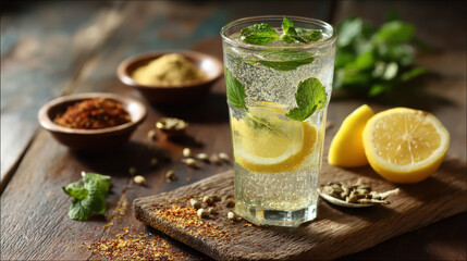 Indian Spiced Summer Beverage Jaljeera with Lemon Wedge and Mint in a Rustic Daylight Setting