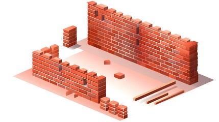Professional Isometric View of Red Brick Wall Construction for Architecture Projects