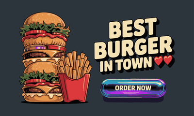 Modern vector illustration advertisement for a burger restaurant, easily scalable and editable.
