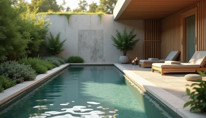Modern backyard with swimming pool and lounge chairs surrounded by greenery  