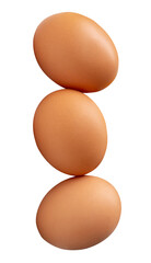 Three fresh brown chicken eggs in stack isolated with clipping path in png file format