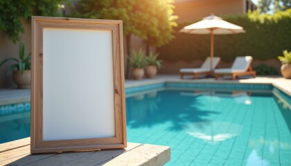 Blank canvas frame beside swimming pool in sunny garden setting  