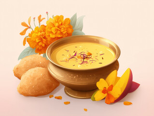 Colorful Flat Design of Aamras and Indian Side Dishes on Pastel Background for Summer Festive Use