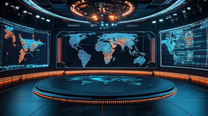 High-tech virtual studio background featuring global map and colorful lighting effects