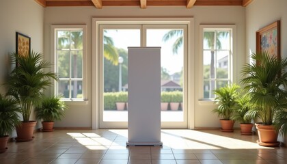Vertical display stand in bright hall with potted plants and windows  