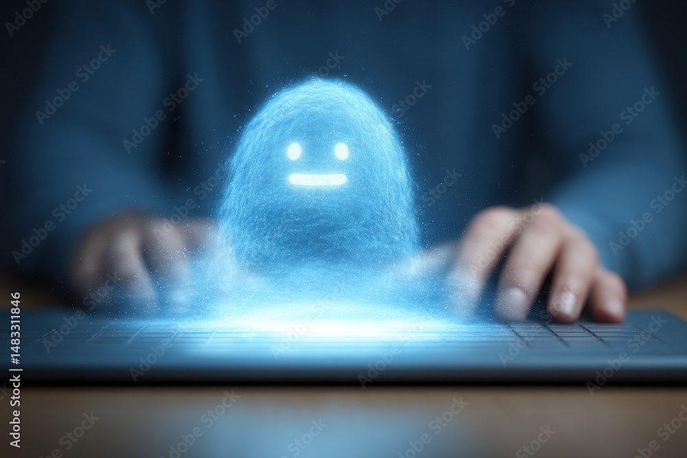 Poster man is using his hand to operate a digital chatbot that provides access to online information and da