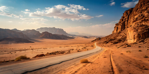 Scenic desert landscape featuring a winding road against majestic mountain backdrop and a blue sky