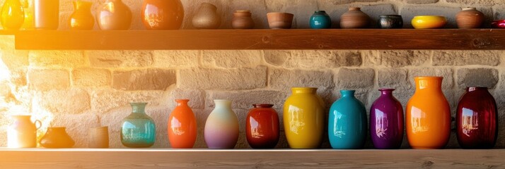 Colorful ceramic vases and pots on wooden shelves against a brick wall.