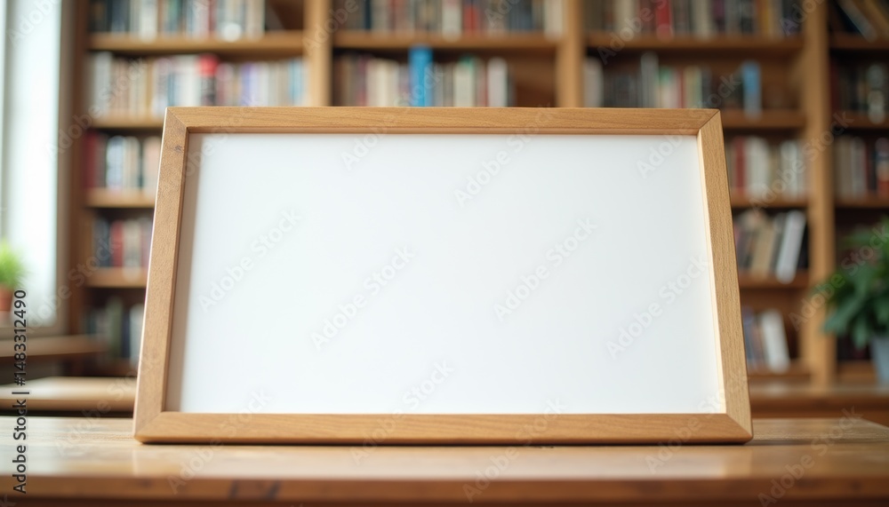 Poster empty wooden frame on desk in library with bookshelves behind