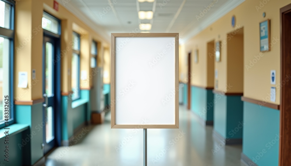 Poster blank standing poster frame in empty hallway of modern building