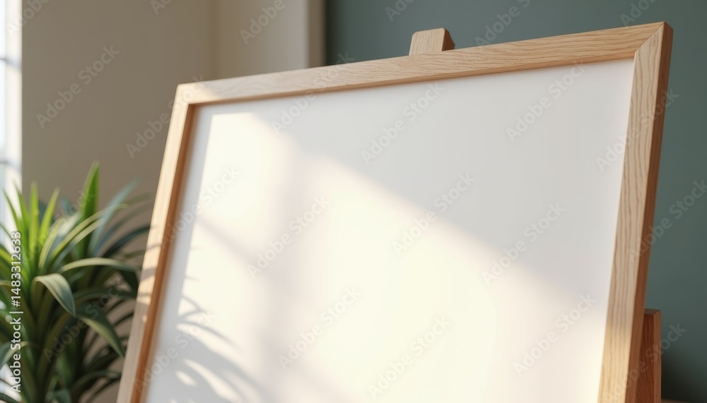 Poster empty canvas on wooden easel in bright indoor space with sunlight