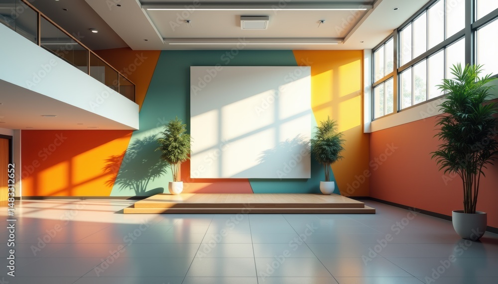 Poster modern interior space with colorful walls and large blank canvas