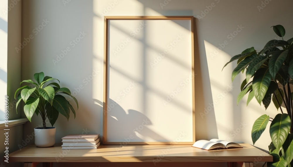 Poster empty wooden frame on table with plants and sunlight in room