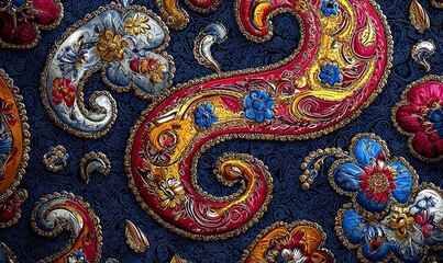 Intricate paisley pattern with floral motifs, rich jewel tones, and metallic accents on a dark background