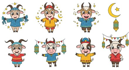 Obraz premium Cute Goats Celebrating Eid Al-adha with Lanterns and Stars