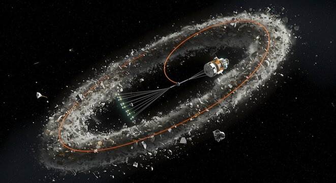 Spacecraft tethered to debris ring with glowing tethers in a dark space environment