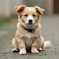 Adorable Cream Colored Puppy Sitting on Pavement