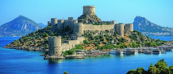 Majestic coastal fortress on a verdant island, surrounded by calm turquoise waters and boats, nestled between two hills under a clear blue sky