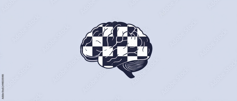 Poster conceptual illustration of a human brain with a chessboard pattern, representing strategy, intellige