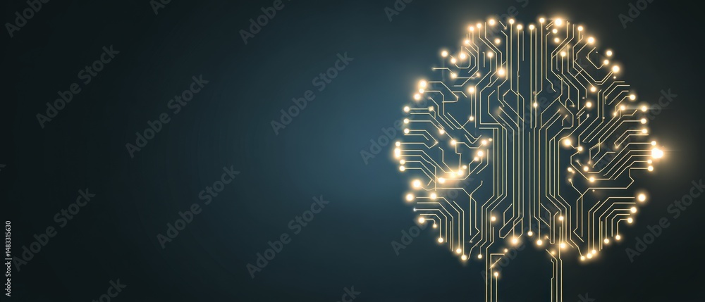Poster glowing circuit board brain on dark background, symbolizing artificial intelligence, machine learnin