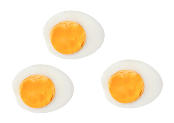 Top view set of boiled or cooked chicken eggs with egg yolk in three halves isolated with clipping path in png file format