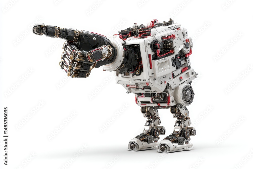 Poster isolated in a free background is a 3d rendering of a white robotic cyborg hand pointing with its fin