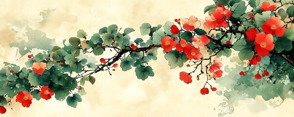 Red flowers, green leaves, branch, Asian art