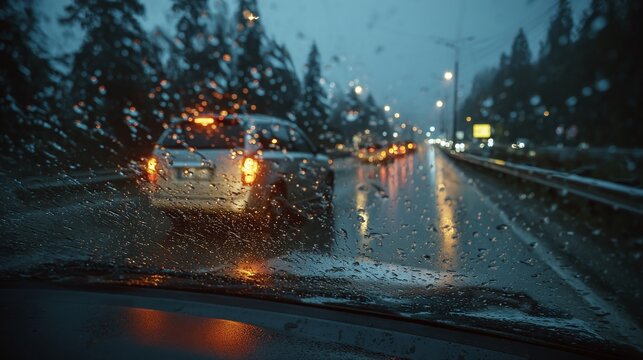 Raindrops on car windshield. Rainy weather, blurred background, city lights. Automotive tech, vehicle safety, driving in bad visibility conditions. Rainwater texture creates abstract pattern