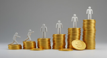 Ascending Golden Coin Stacks with White Human Figures on Top Symbolizing Financial Growth on Gray Background
