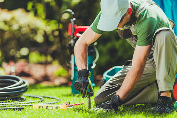 Plakat Gardener Installing Irrigation System While Working on Green Lawn in Sunny Backyard During Daytime Hours