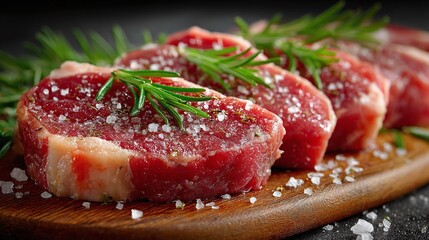 Obraz premium Raw pork steaks arranged on wooden board with salt, rosemary. Fresh meat cuts, ready for cooking, preparing dinner. Delicious food for grill, BBQ. Culinary concept