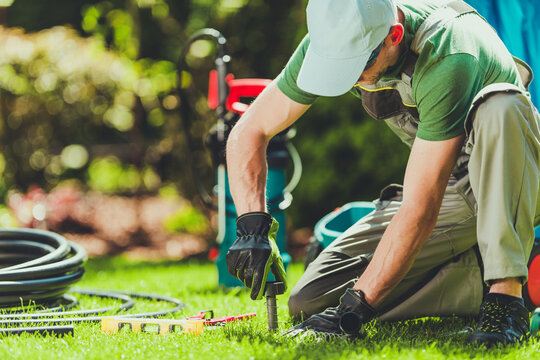 Gardener Installing Irrigation System While Working on Green Lawn in Sunny Backyard During Daytime Hours