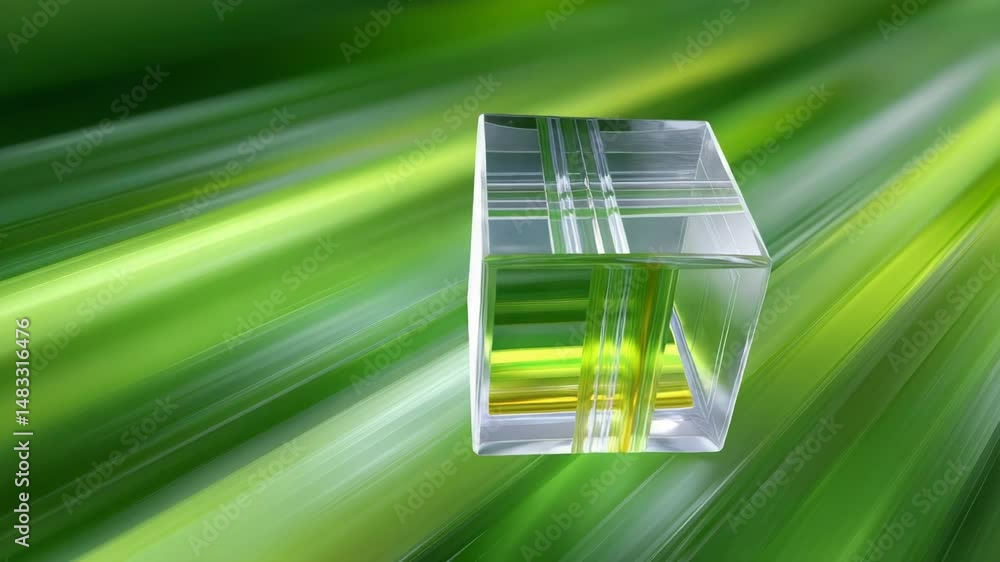Poster transparent crystal cube surrounded by dynamic green light streaks in an abstract visual
