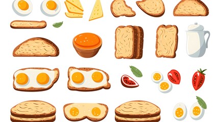 Delicious Breakfast Icons Set with Cute Egg and Bread Illustrations for Food Blogs