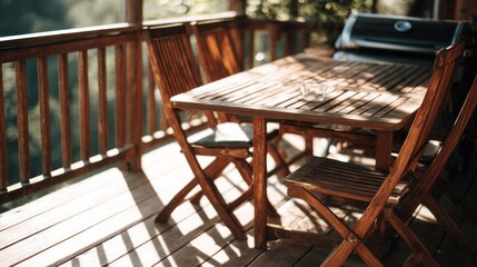 Wooden Outdoor Patio Table Set With Chairs Near a Barbecue Grill in Natural Setting
