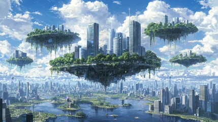 Floating city islands in a futuristic cityscape