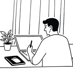 the-image-shows-a-man-sitting-at-a-desk-with-a-lap.eps